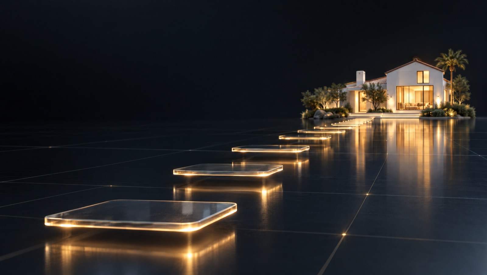 Glowing stepping stones leading to a small model of a California home